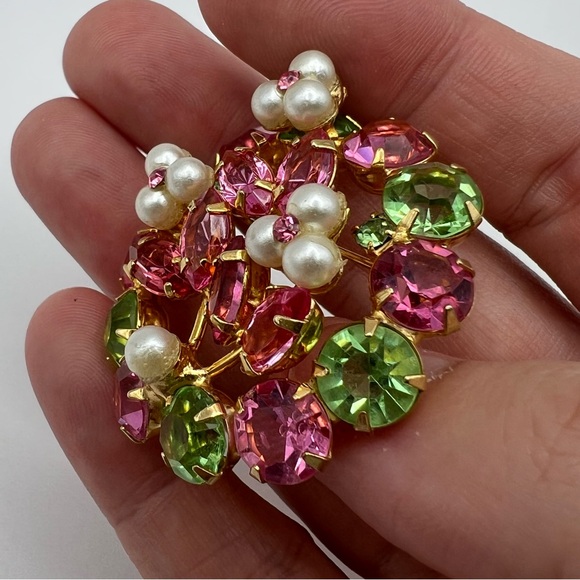 Colorful Pink & Green Rhinestone Brooch w/ Faux Pearl Flowers - Picture 5 of 5